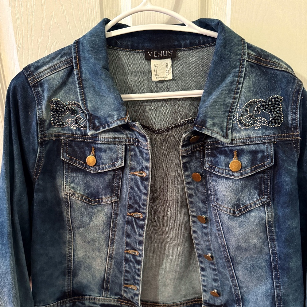 Venus Medium Wash Denim Jacket w Navy/Copper/Silver Rhinestone Designs